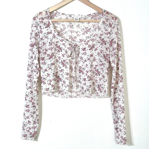 KIRIOUS LOS ANGELES Tops - Y2K Rose Floral Mesh Cropped Top Tie Front Sheer Lettuce Hem Cardigan Coquette